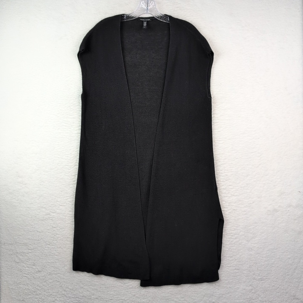 Eileen Fisher Open Cardigan Duster Women's Small Black Sleeveless Linen Blend